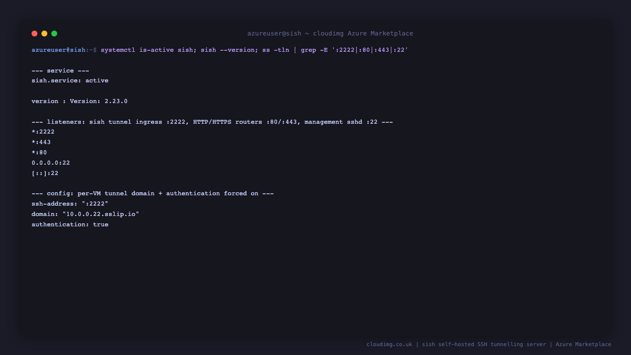 sish.service reports active, the sish binary reports version 2.23.0, and ss shows the server listening on port 2222 for the SSH tunnel ingress and ports 80 and 443 for the HTTP and HTTPS tunnel routers, with the standard SSH management service still listening on port 22 so VM administration is never disturbed