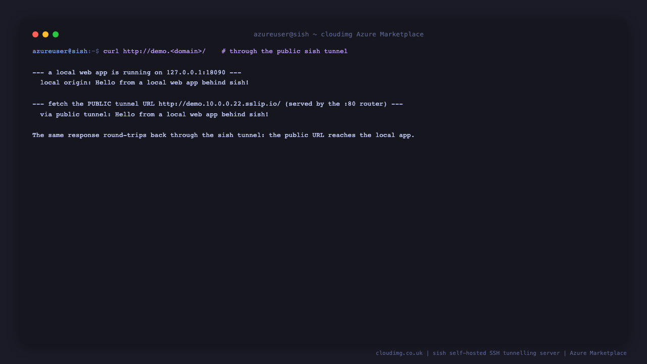 the sish tunnel self test output showing the origin token forwarded through the sish tunnel round trip on a subdomain of the instance tunnel domain, then the unauthenticated tunnel correctly rejected because authentication is enforced, ending with the success marker confirming the server forwards a real tunnel end to end and refuses unauthorized clients