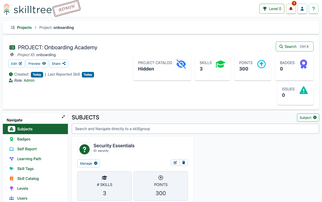 A SkillTree project with a subject and three skills