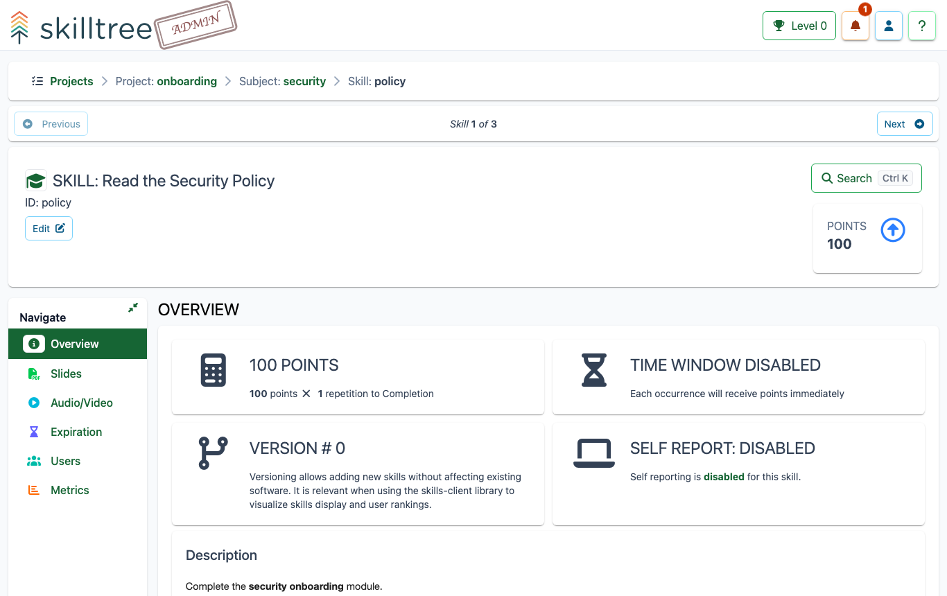 A skill page with its description, points and settings