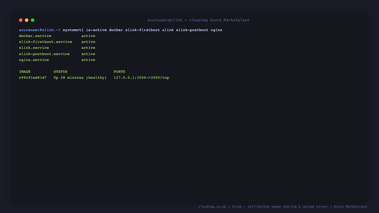 The docker, slink-firstboot, slink, slink-postboot and nginx services all active, and the Slink container running and healthy, published to the loopback interface on port 3000