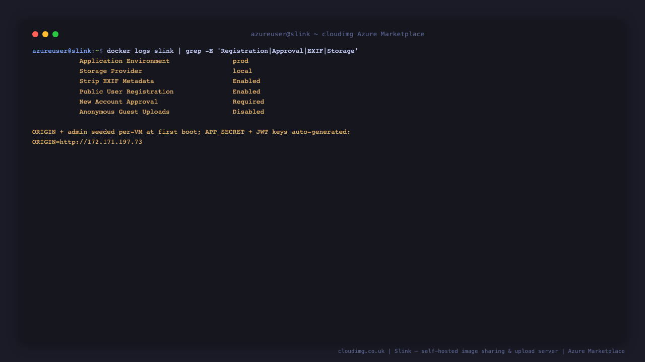 The Slink first boot security configuration showing public registration enabled, new account approval required, anonymous guest uploads disabled and EXIF metadata stripping enabled, with the per VM ORIGIN resolved to the instance address