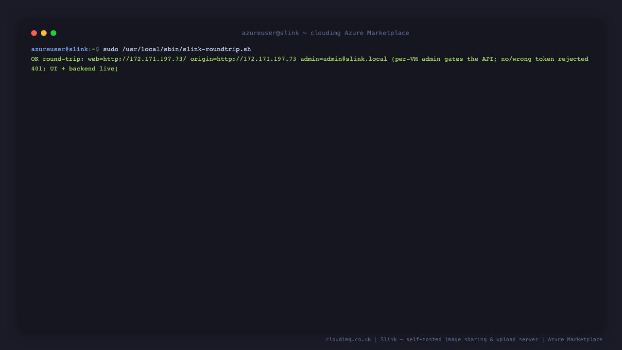 The bundled round trip script reporting OK: the web client and backend are live, no and wrong tokens are rejected with 401, and the per instance admin credential authenticates a real API call