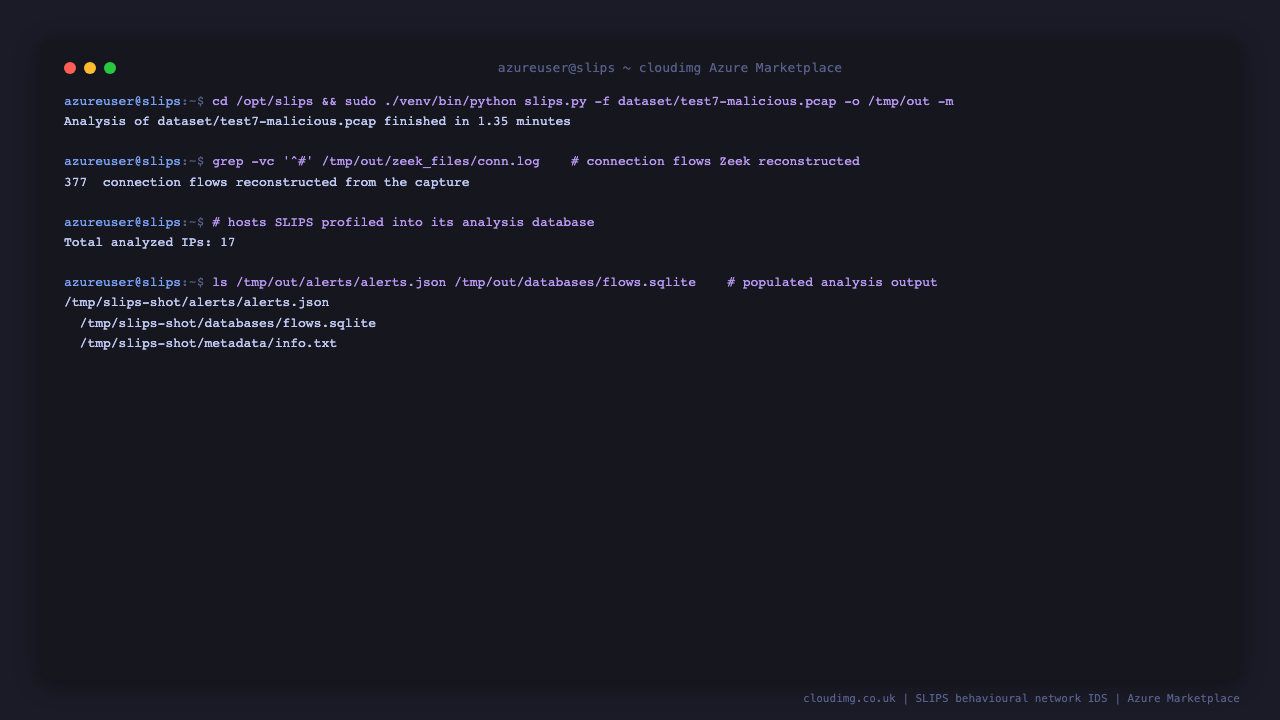 Analysis of the bundled malicious sample capture running to completion: SLIPS finishing its run, the count of connection flows Zeek reconstructed from the capture, and the populated SQLite analysis database SLIPS produced, proving the capture to Zeek to Redis profiling pipeline works end to end