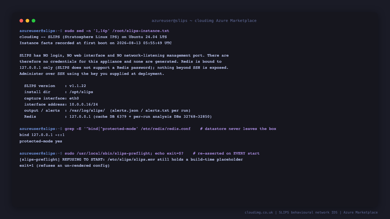 The appliance's security posture on a running virtual machine: the per instance note confirming no credentials exist for this product, Redis bound to loopback with protected mode on, proving the datastore is never reachable off the machine