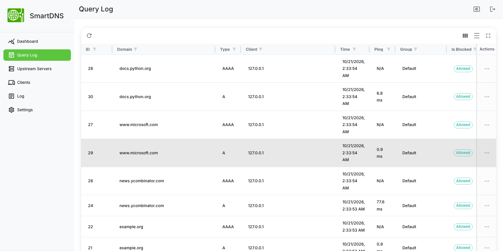 SmartDNS query log with real lookups and measured response times