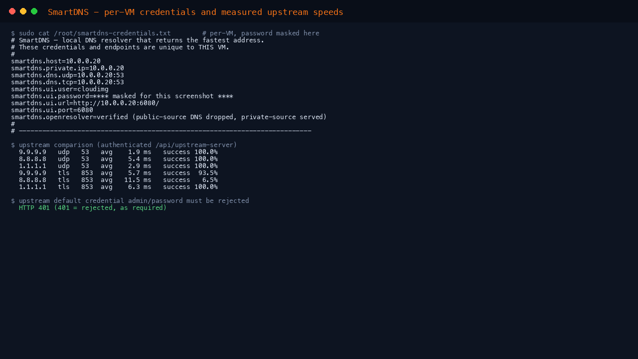 SmartDNS per-VM credentials and measured upstream response times