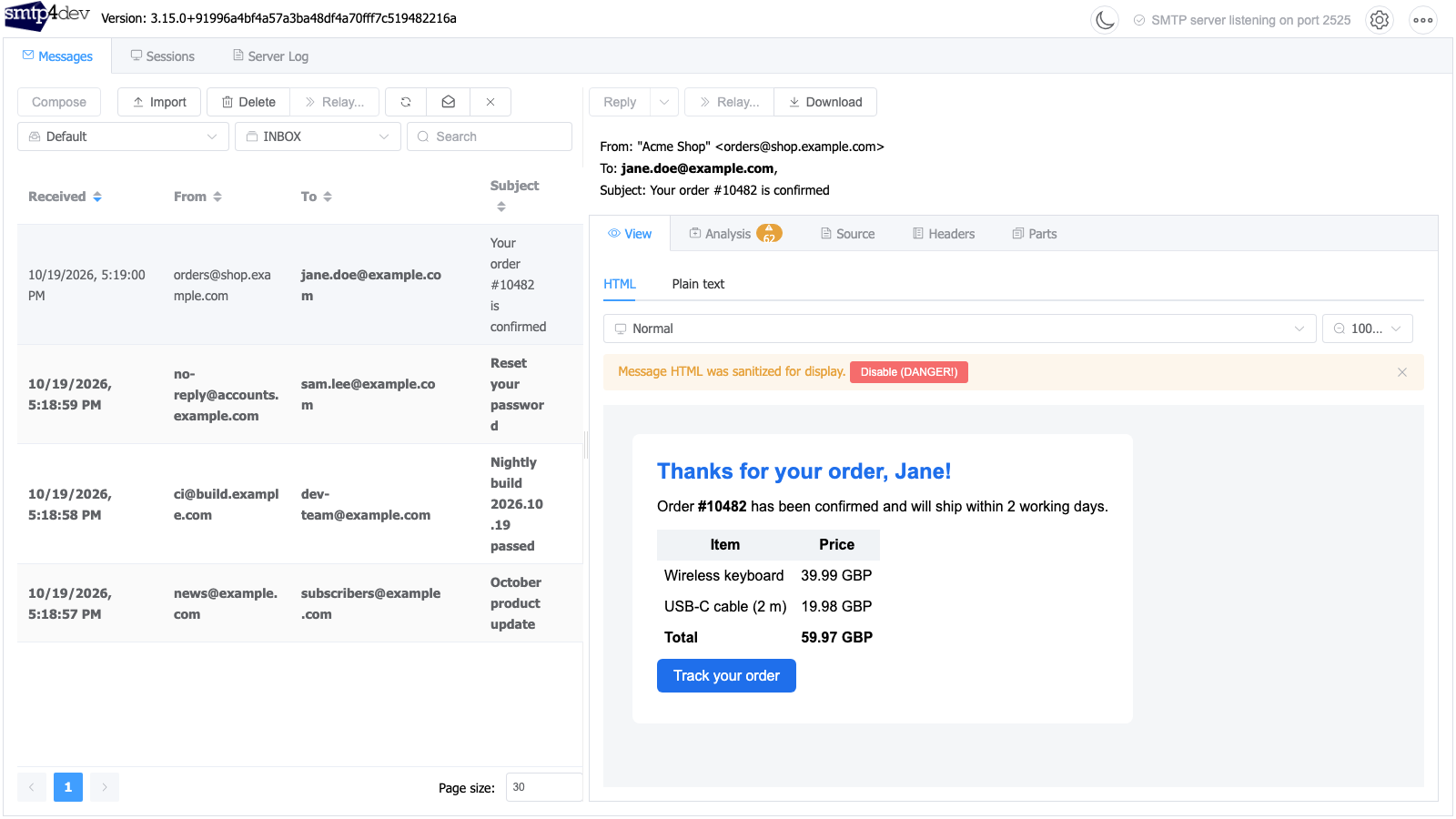 The smtp4dev inbox with four captured messages and an order confirmation email rendered on the right