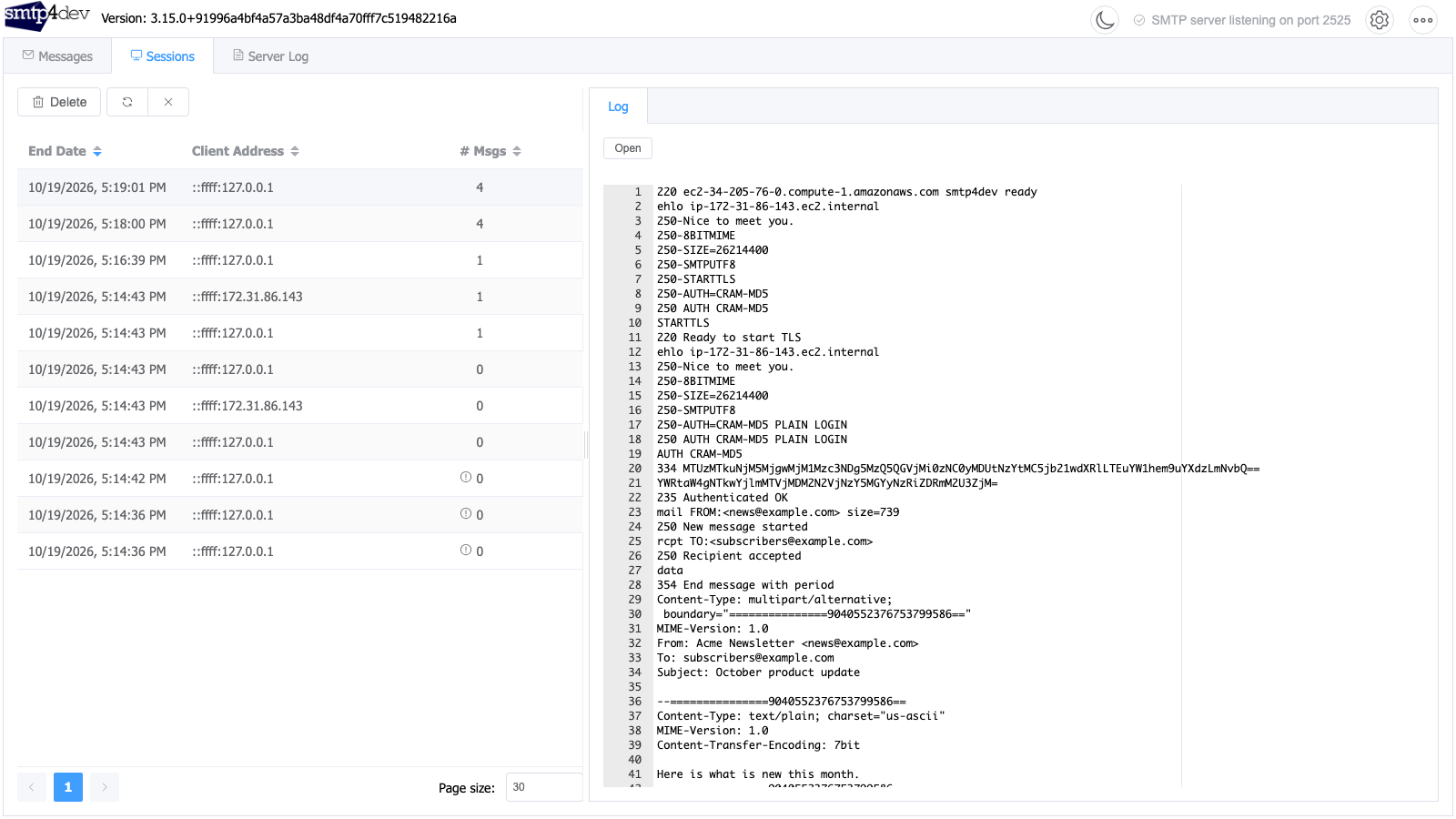 The Sessions tab showing an SMTP conversation with STARTTLS, the AUTH methods offered before and after it, and a successful login
