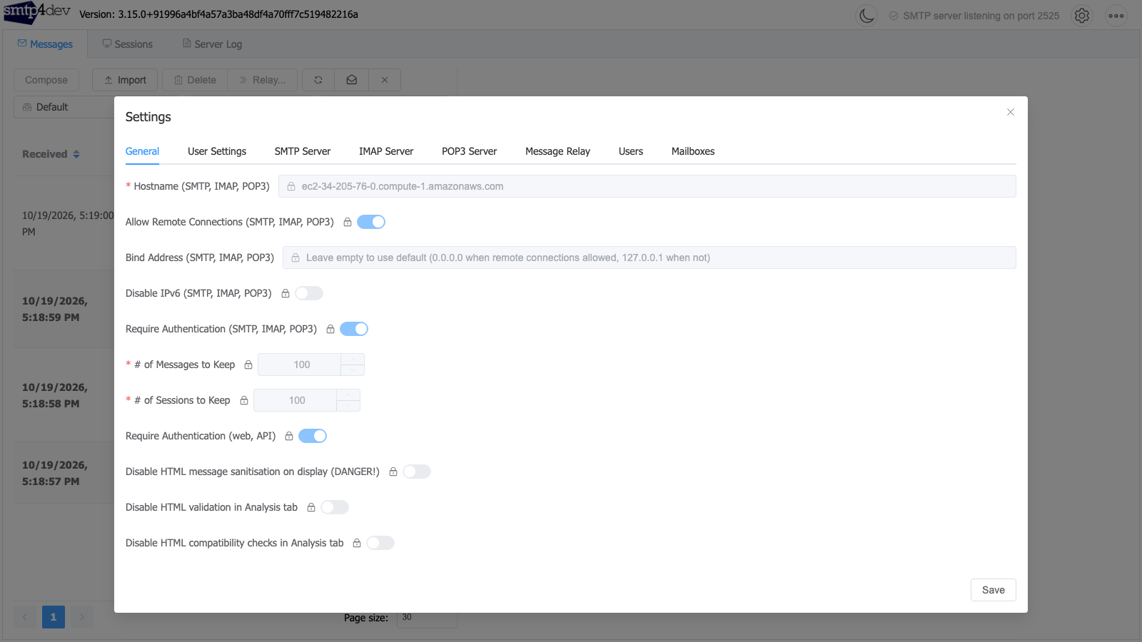 The smtp4dev Settings dialog with every setting shown locked, authentication required for SMTP and for the web inbox