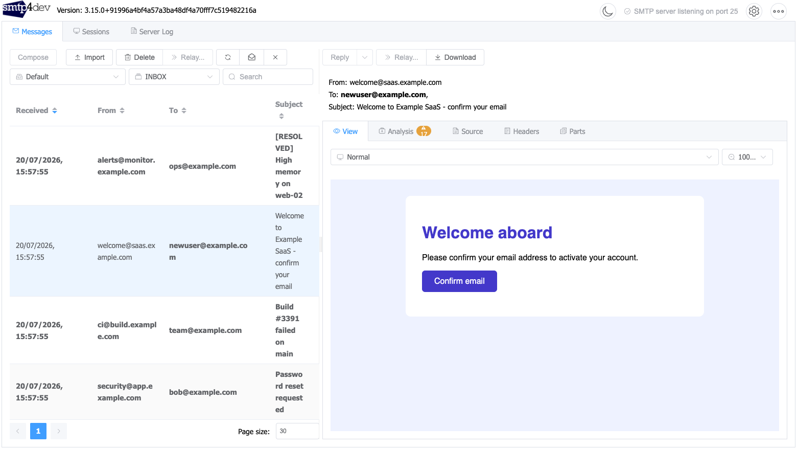 A captured HTML email rendered in the smtp4dev web UI, with the message list on the left and the View, Analysis, Source, Headers and Parts tabs on the right