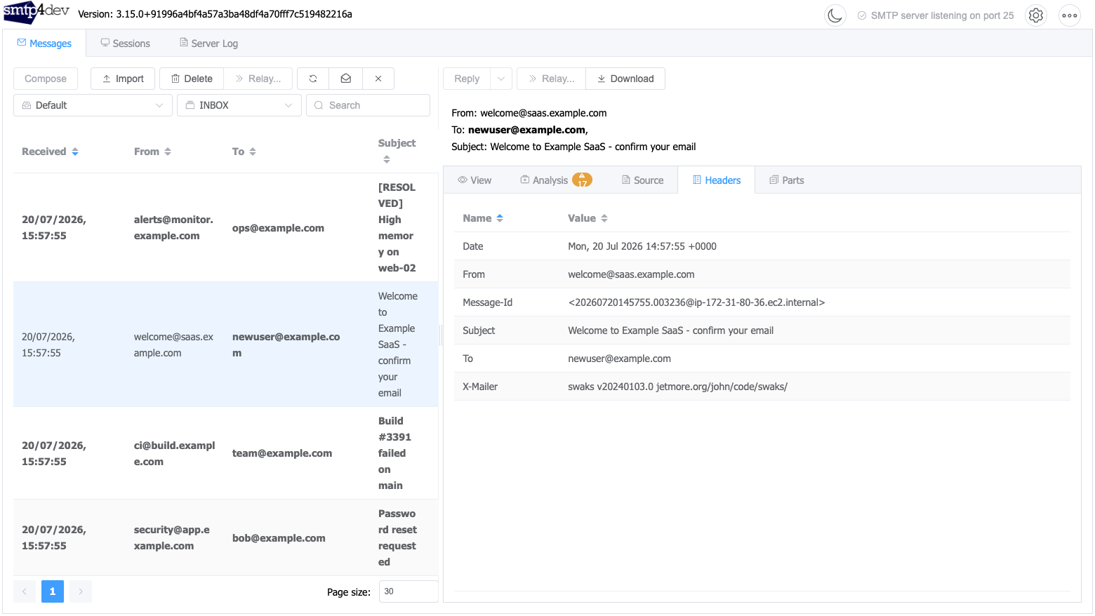 The Headers tab listing every header on a captured message including Date, From, To, Subject and Message-Id