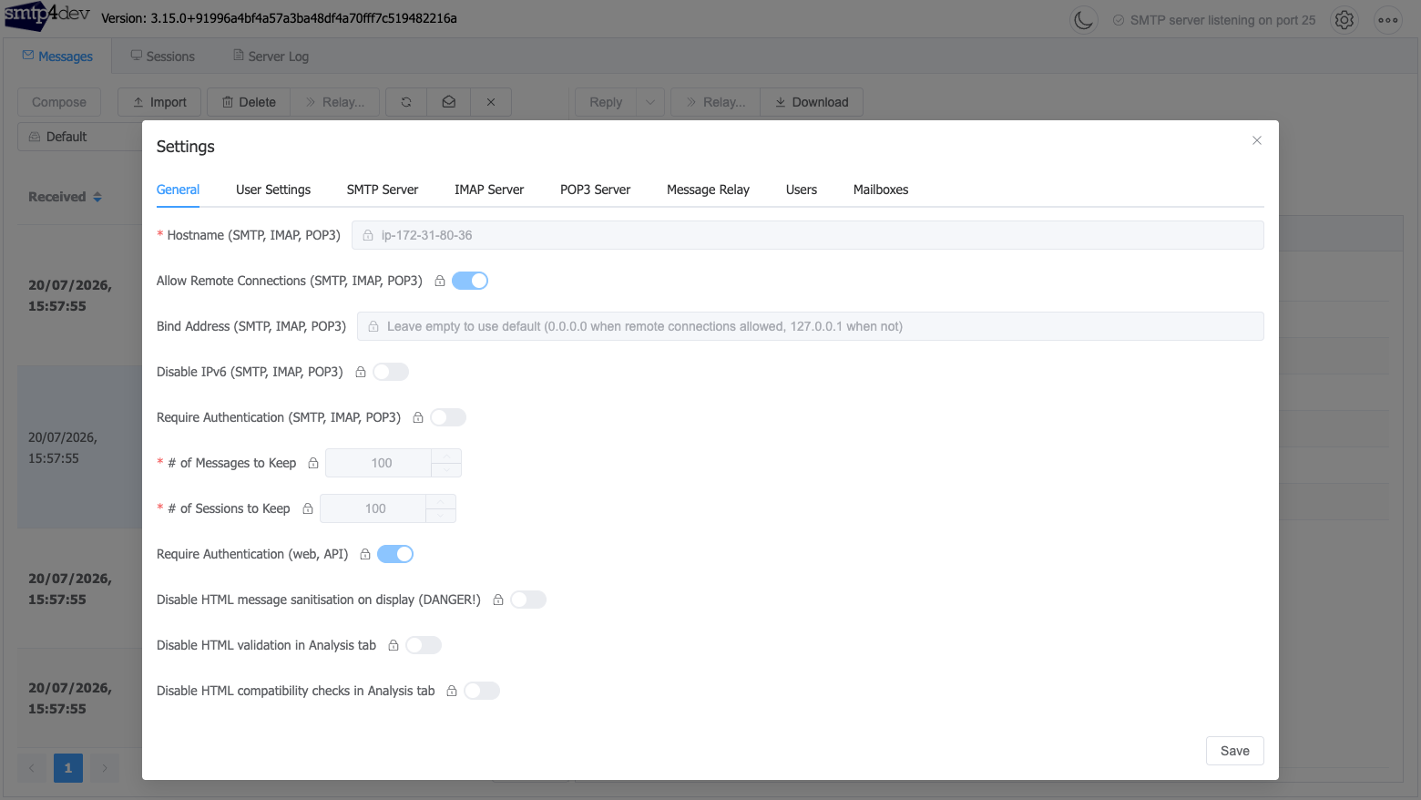 The smtp4dev server settings dialog showing authentication required for the web UI and REST API while SMTP intake stays open