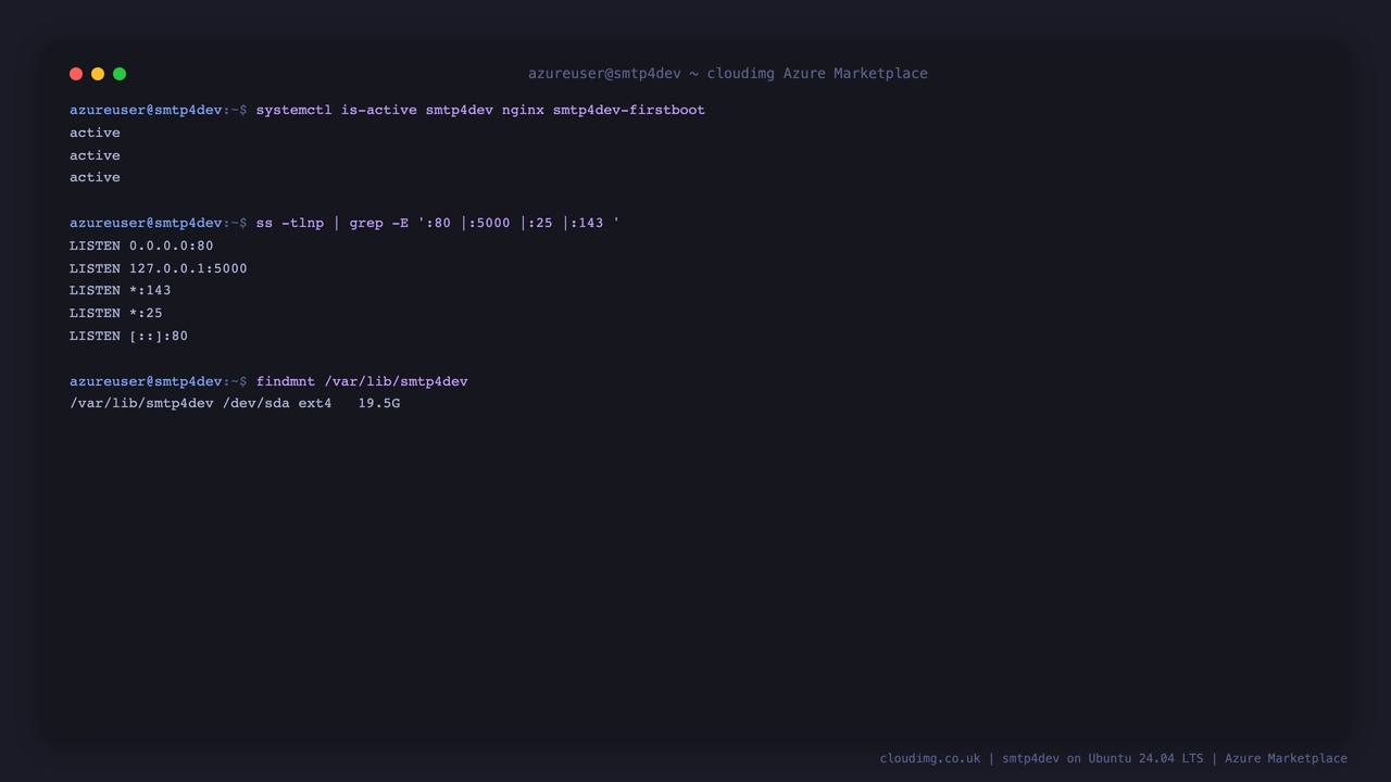 The smtp4dev, nginx and firstboot services active, the listeners on port 80 (nginx), loopback 5000 (web UI), 25 (SMTP) and 143 (IMAP), and the dedicated data disk mounted at /var/lib/smtp4dev
