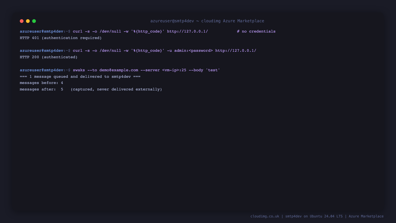 The HTTP Basic Auth round-trip returning 401 unauthenticated and 200 with the per-VM password, then a test email delivered to SMTP port 25 raising the captured message count, never delivered to a real recipient