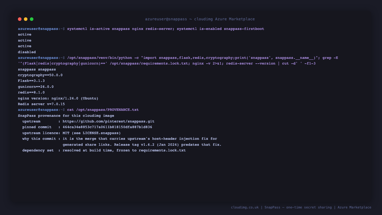 SnapPass, nginx and Redis active, with the pinned upstream commit and the resolved dependency versions