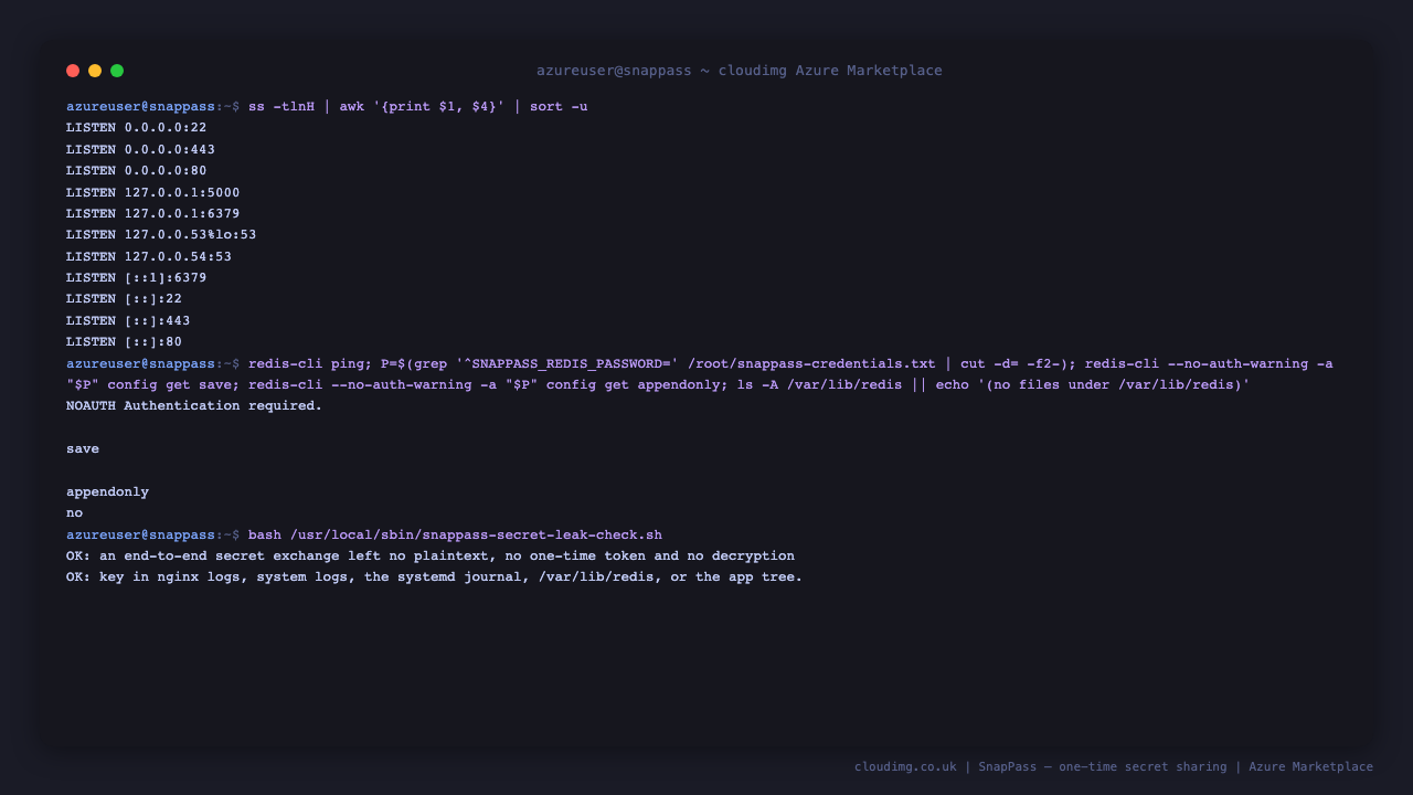 Loopback only binds, Redis refusing an unauthenticated client, persistence disabled and the leak check passing