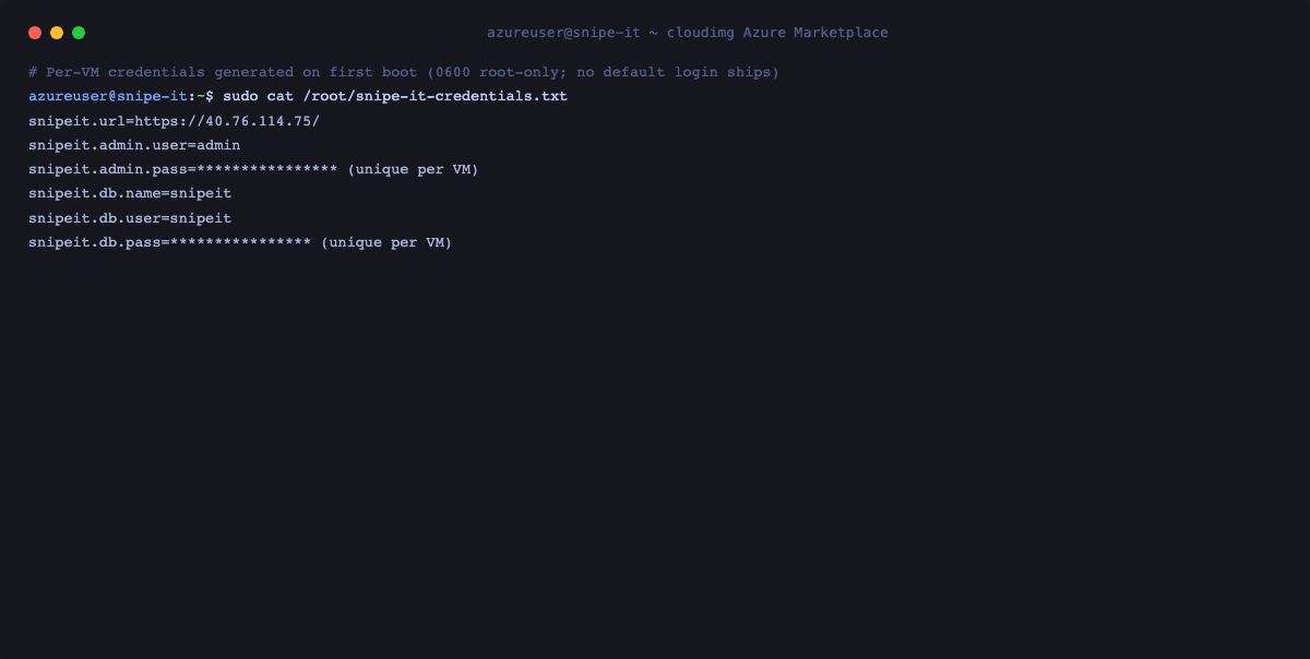 Per-VM credentials, root-only and masked