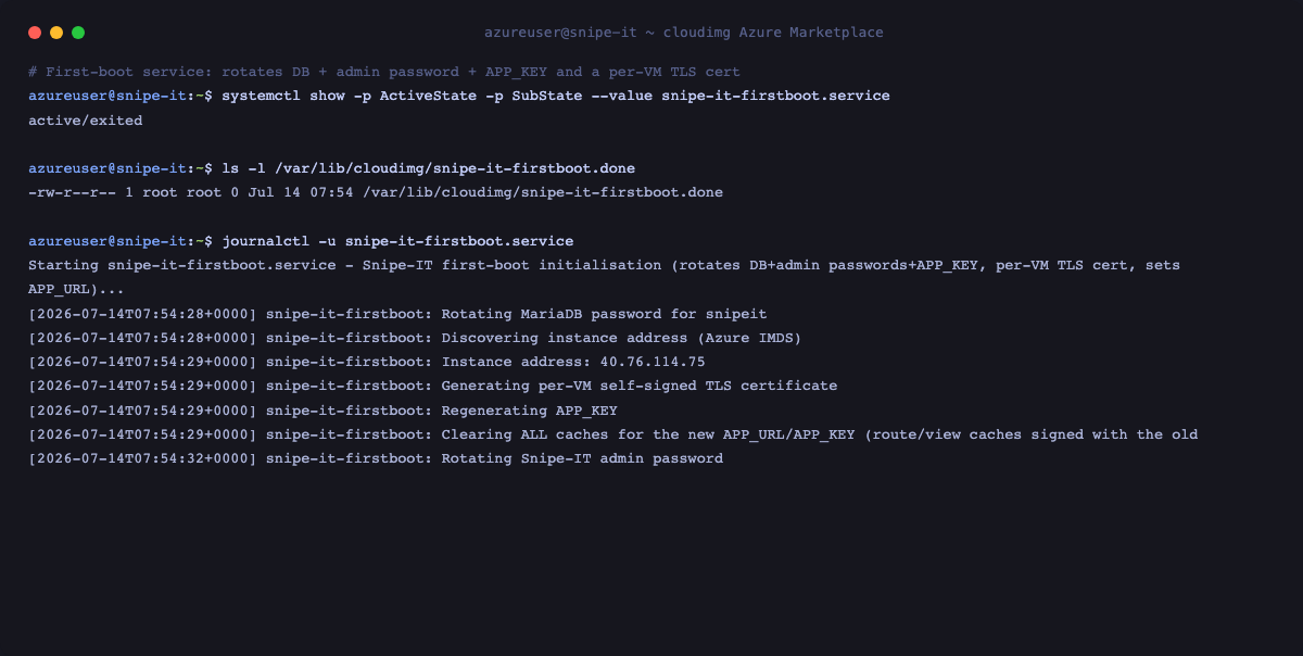 First-boot rotation of the DB password, APP_KEY and per-VM certificate