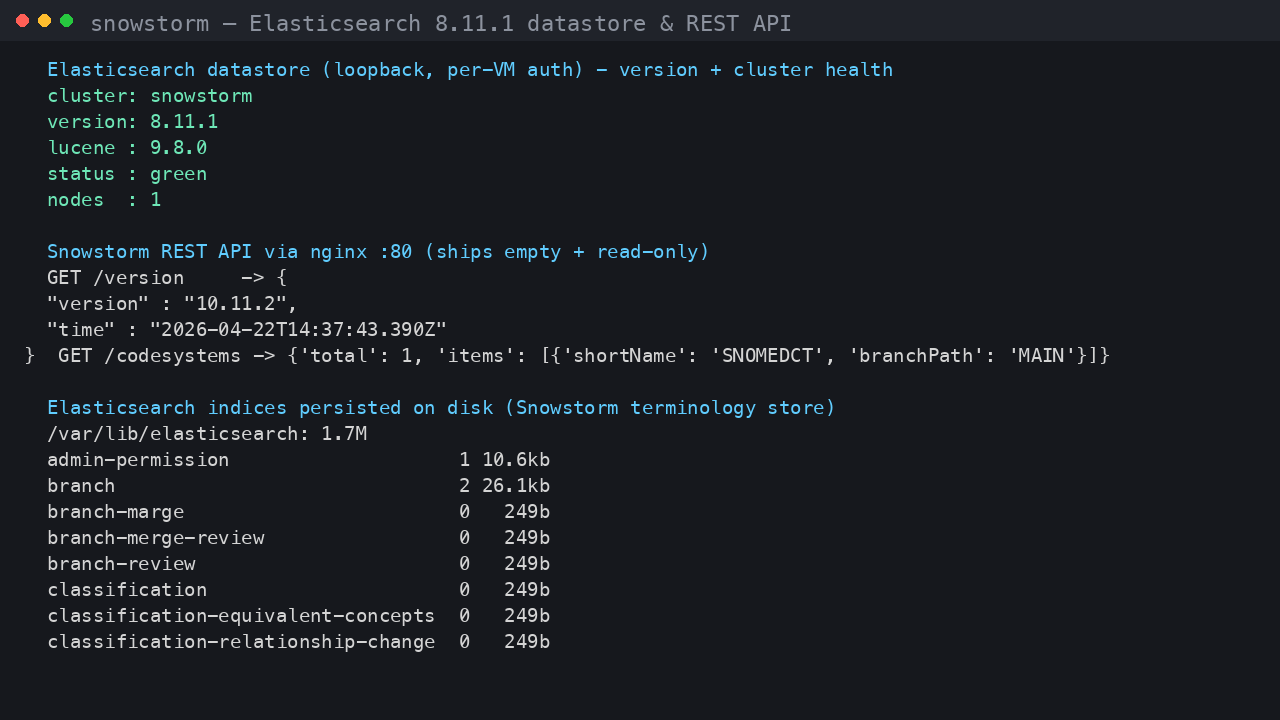 The Elasticsearch 8.11.1 datastore reporting cluster status green, the Snowstorm 10.11.2 REST API returning the version and the single empty SNOMEDCT code system, and the Snowstorm terminology indices persisted under /var/lib/elasticsearch on disk