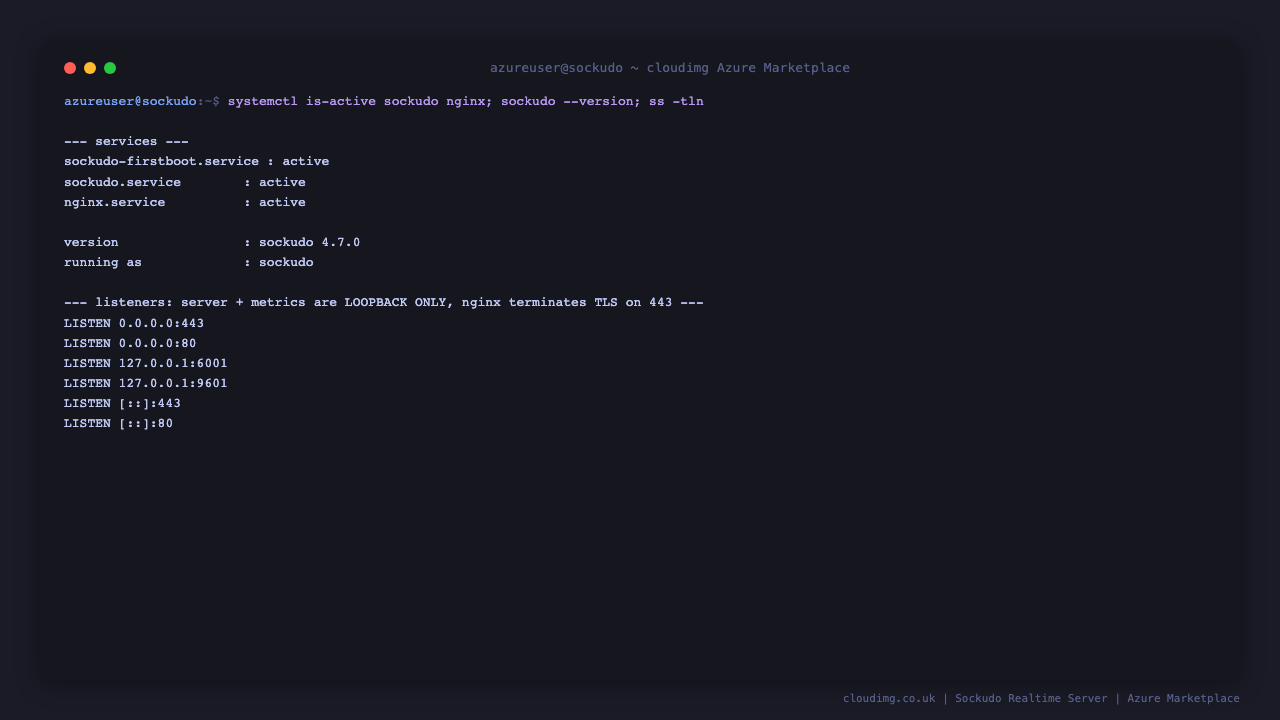The three services that make up the appliance all report active after first boot