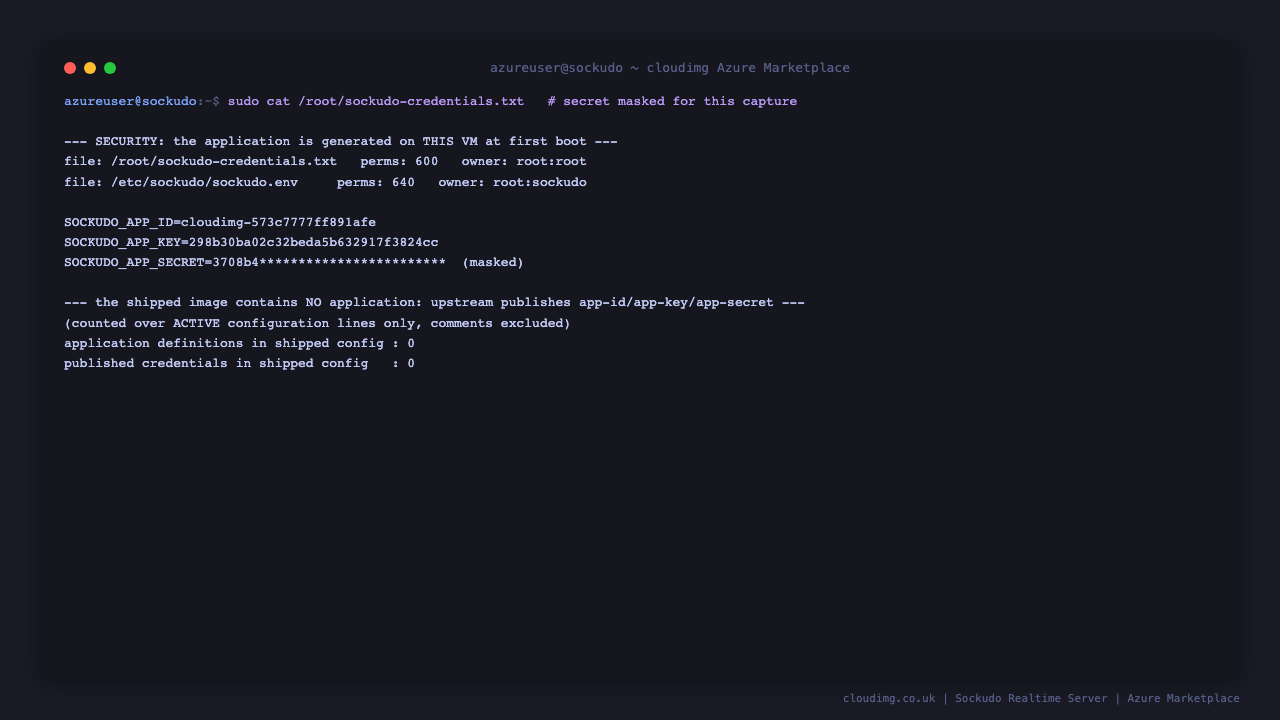 The credentials note records the per VM application and the URLs clients connect to