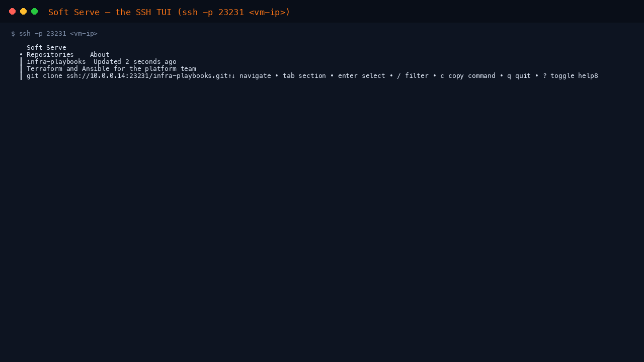 The Soft Serve SSH interface, reached by running ssh against the server on port 23231, showing the Repositories section with the infra-playbooks repository, its description, its clone command and the key binding footer