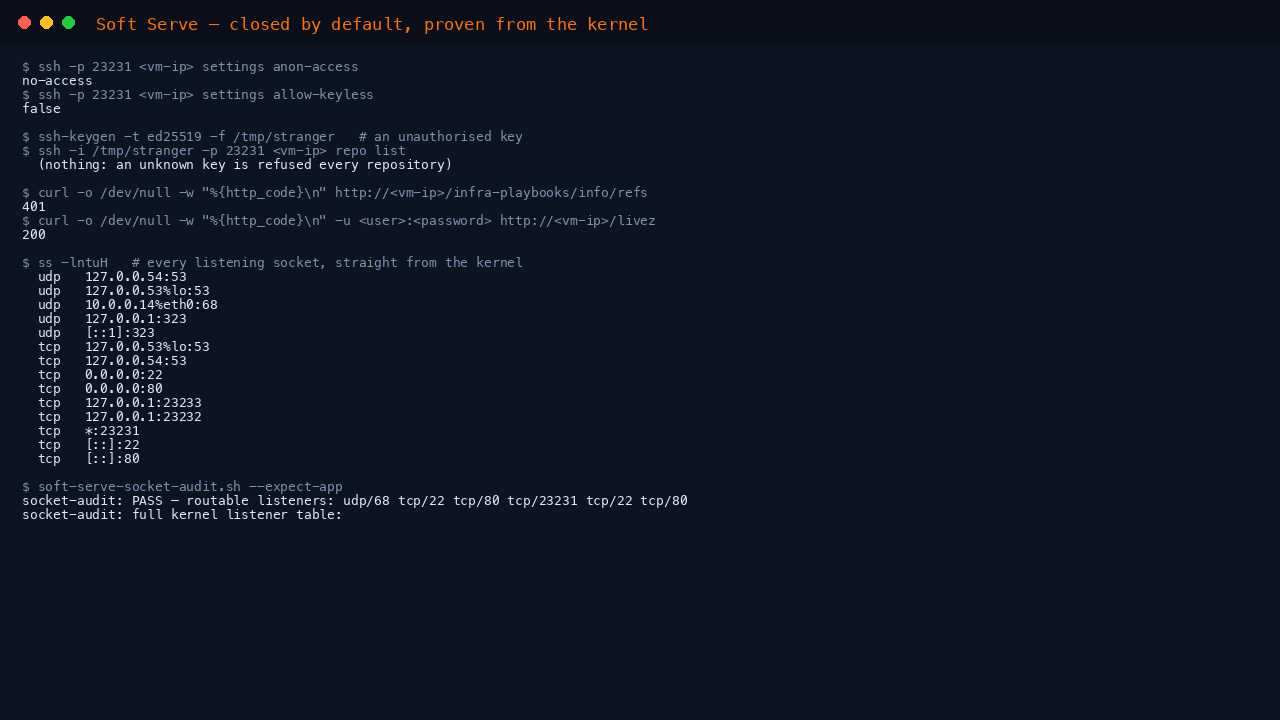 Anonymous access set to no-access, keyless access disabled, an unauthorised key refused every repository, an anonymous HTTP request answered with 401, and the full kernel listening socket table showing only 22, 80 and 23231 reachable