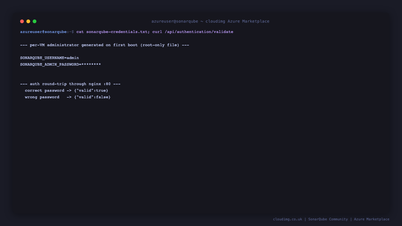 The per-VM administrator login generated at first boot and the authenticated round-trip