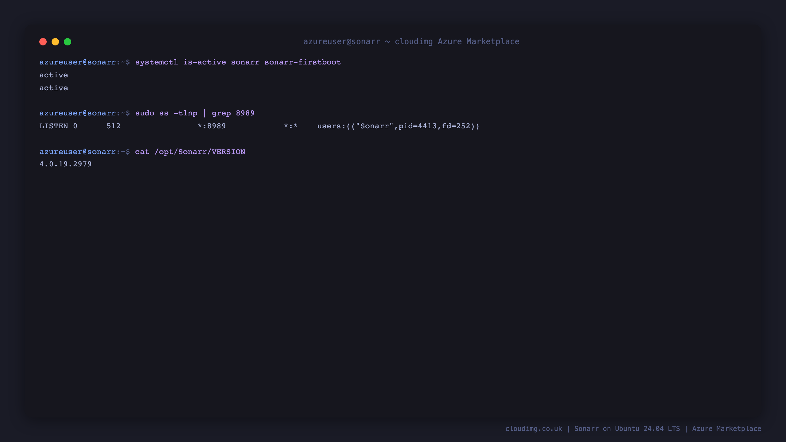 systemctl reporting sonarr and sonarr-firstboot as active, ss showing the Sonarr process listening on port 8989, and the VERSION file reporting 4.0.19.2979