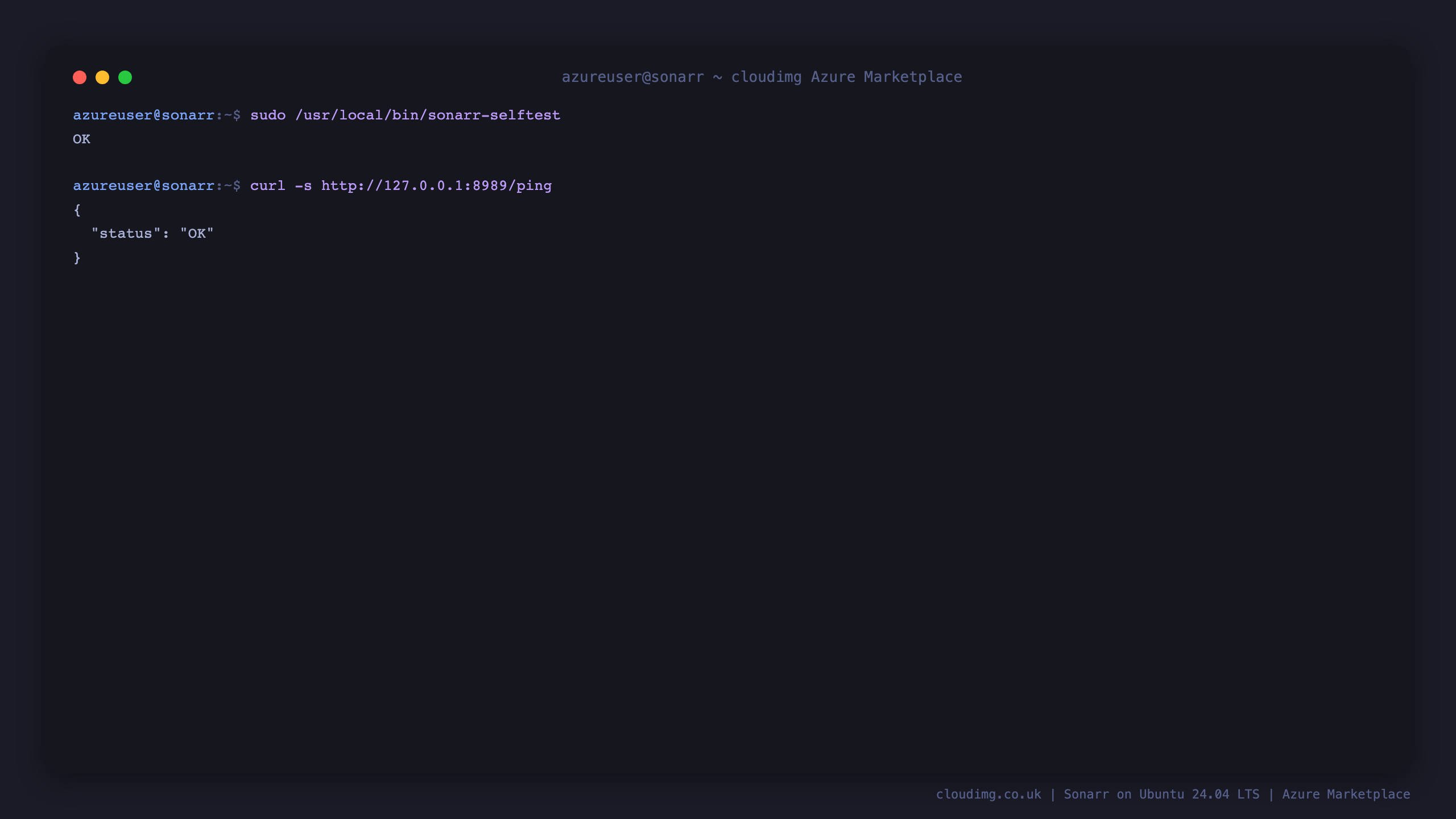 The sonarr-selftest output reporting OK, and the unauthenticated ping endpoint returning a JSON document with status OK