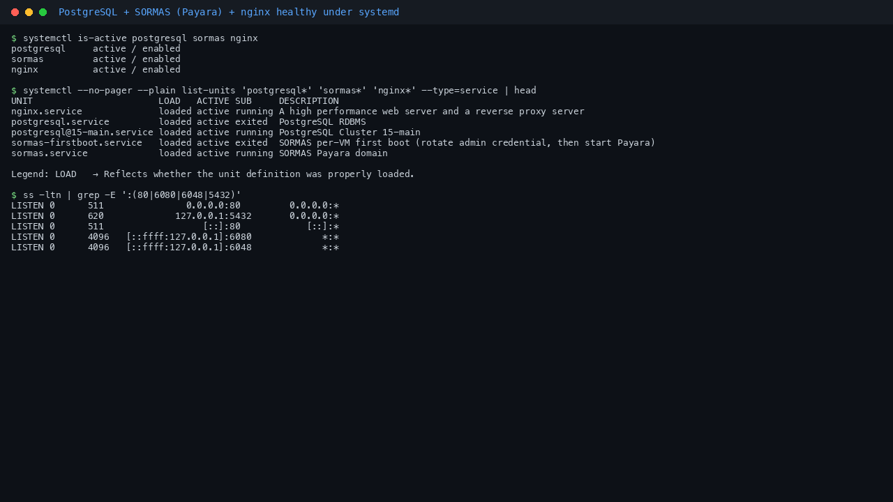 PostgreSQL, SORMAS (Payara) and nginx healthy under systemd