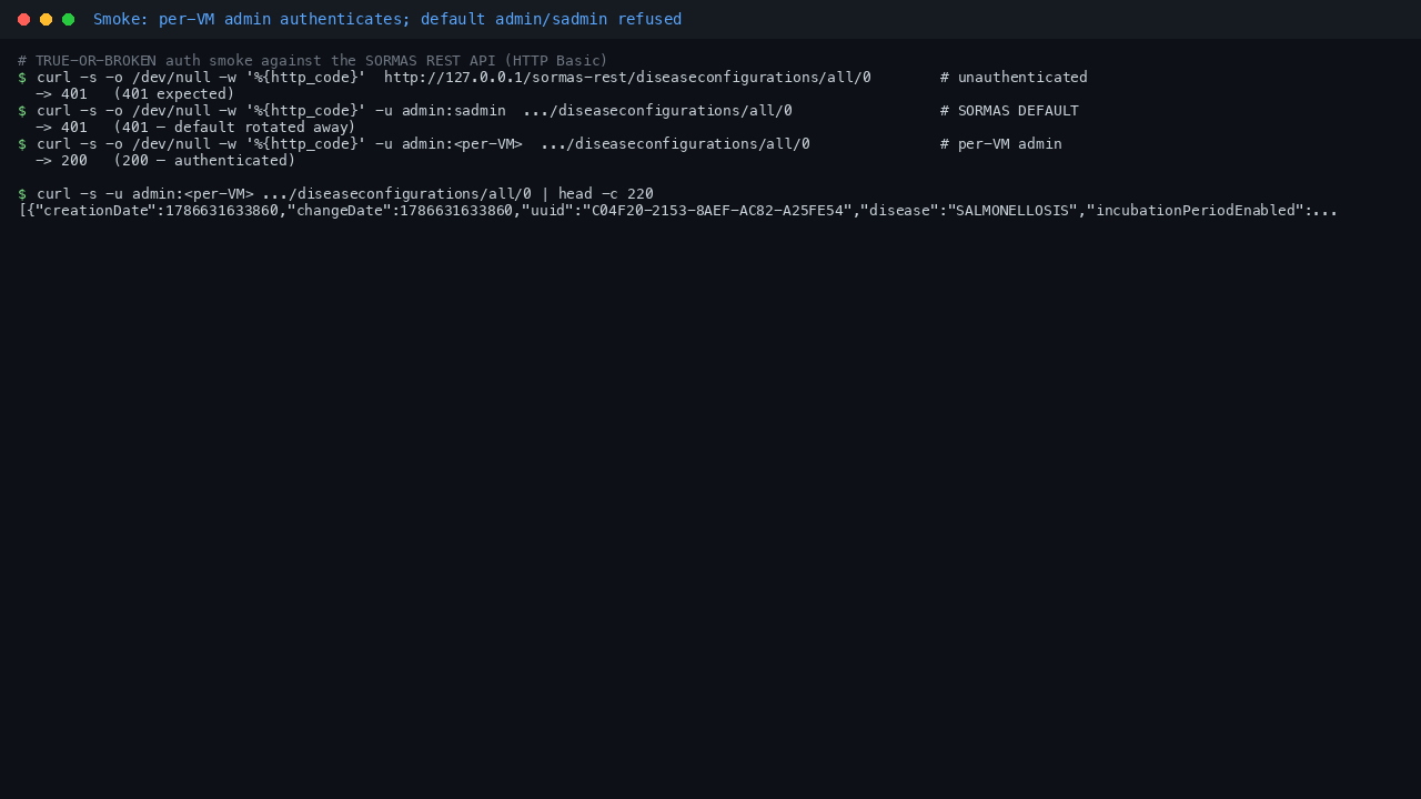 SORMAS auth smoke: per-VM admin accepted, default admin/sadmin refused