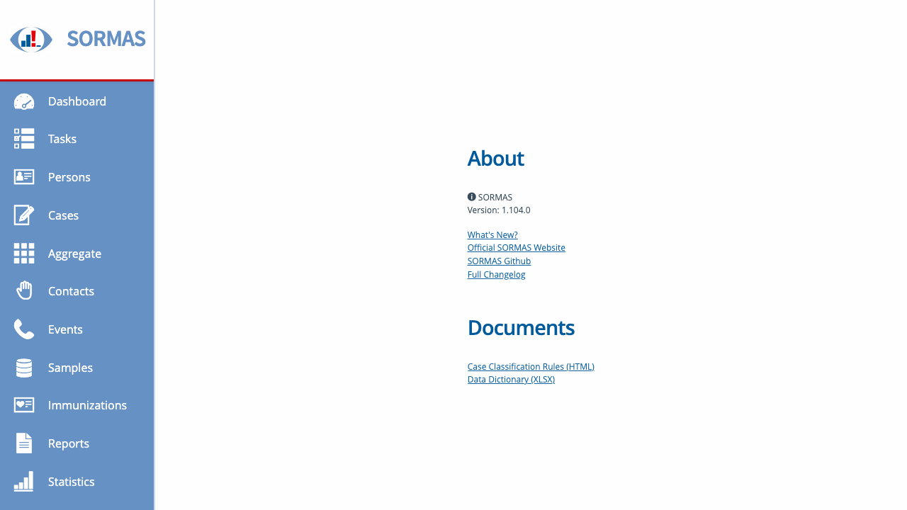SORMAS About page showing the running version