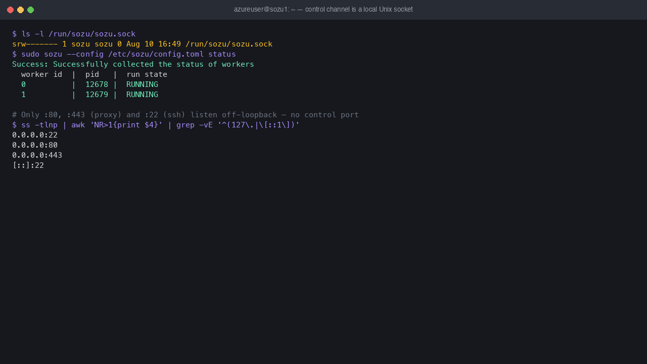 The Sozu command socket shown as a local Unix socket at /run/sozu/sozu.sock, the sozu status command querying the live proxy over that socket and listing its workers, and ss confirming that the only non-loopback TCP listeners are the proxy ports 80 and 443 and SSH port 22 — the control channel is never on the network