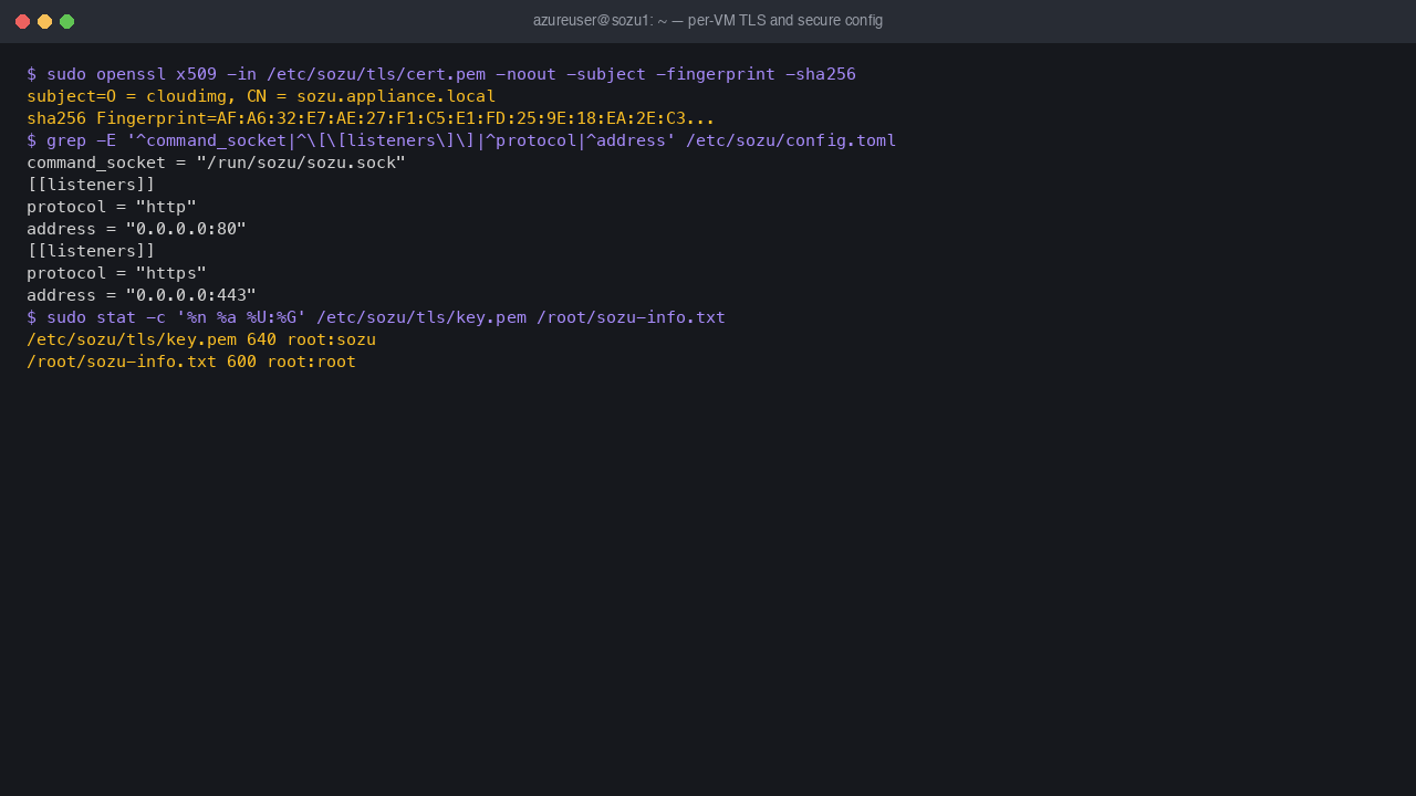 The per-VM self-signed TLS certificate subject and SHA256 fingerprint, the Sozu configuration showing the local Unix-socket command channel and the HTTP and HTTPS listeners, and the file permissions proving the private key is 0640 root sozu and the info file is 0600 root root