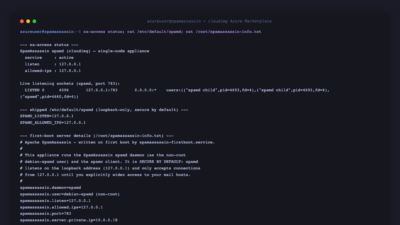 The sa-access status view showing spamd active, listening on 127.0.0.1, an accept list of 127.0.0.1, and the first-boot server information file