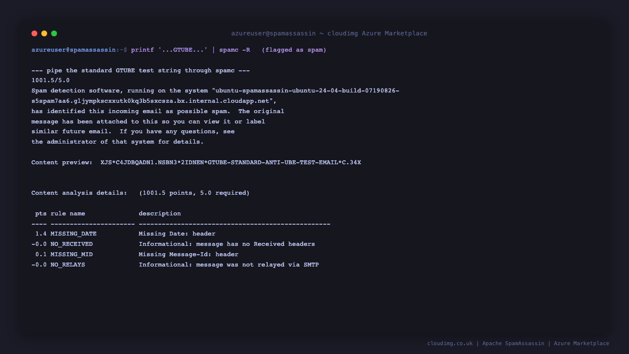 Piping the standard GTUBE test string through spamc: the report shows a very high score, the GTUBE rule firing, and the message flagged as spam