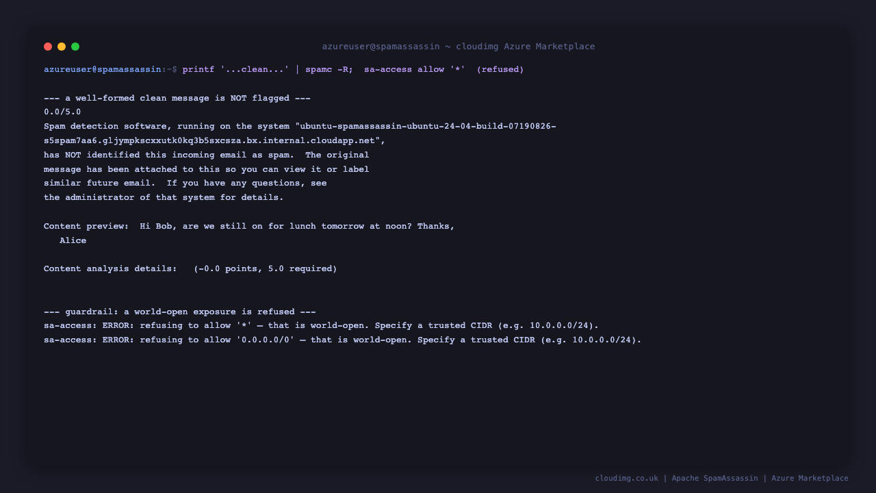 Piping a well formed clean message through spamc: the report shows a low score below the threshold and no spam flag, confirming legitimate mail passes