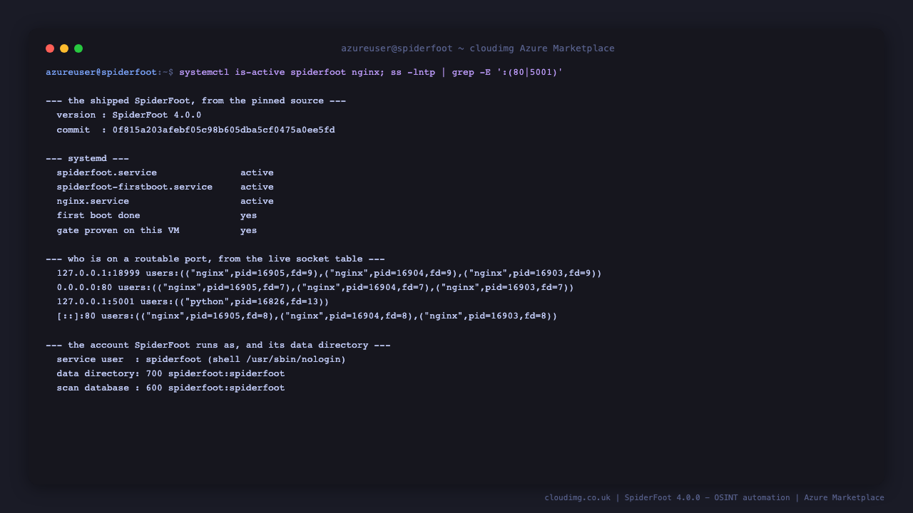 The spiderfoot, spiderfoot-firstboot and nginx services all active on the appliance, with SpiderFoot bound to loopback on port 5001 and nginx the only listener on port 80