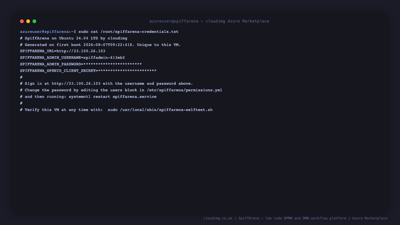 The per-VM credentials file with the secrets masked
