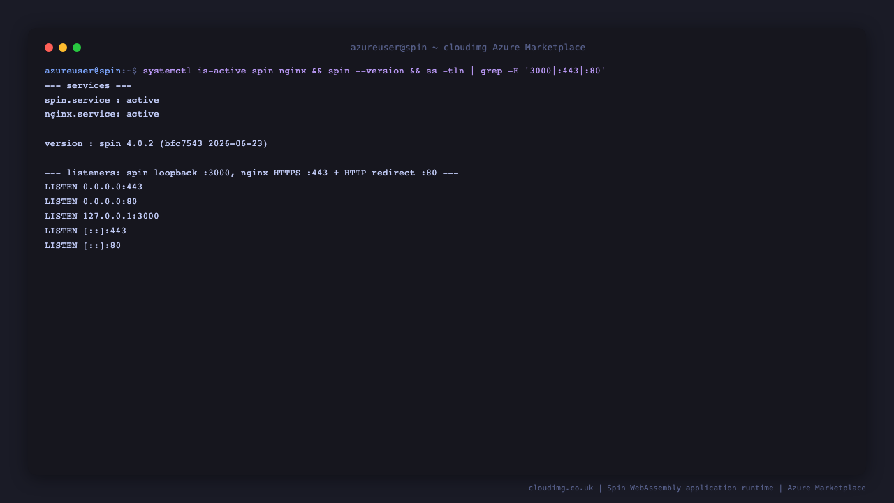 spin.service and nginx.service both report active, the spin binary reports version spin 4.0.2, and ss shows the Spin runtime listening on 127.0.0.1 port 3000 for loopback only while nginx listens on port 443 for HTTPS and port 80 for the HTTP to HTTPS redirect on all interfaces