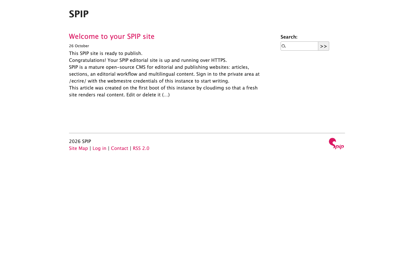 The public SPIP site rendered by the default templates, with the Welcome section and the Welcome to your SPIP site article