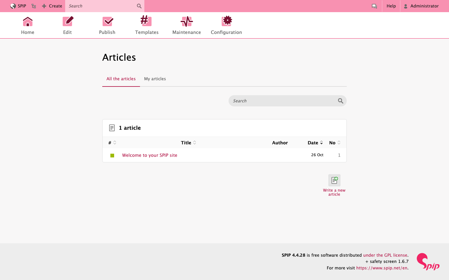 The SPIP articles list in the private area with the welcome article and its status