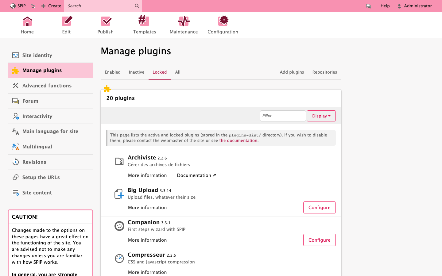 The SPIP Manage plugins page, Locked tab, listing the 20 plugins bundled with SPIP