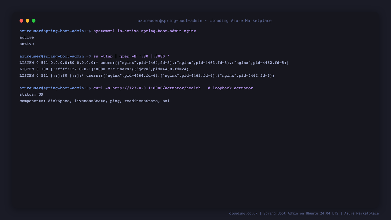 The spring-boot-admin and nginx systemd services both active, with nginx listening on port 80 while the Spring Boot Admin application on port 8080 is bound to the loopback interface only, and the actuator health endpoint reporting status UP with its liveness, readiness, disk space and ssl components