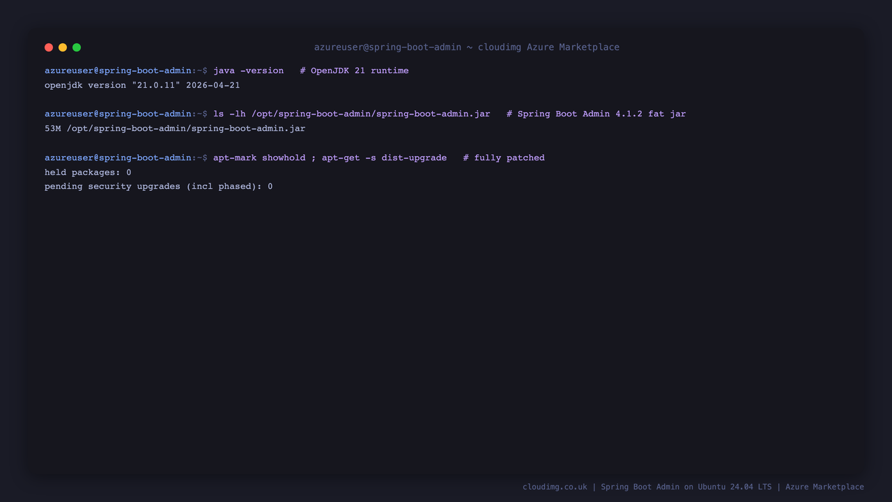 The OpenJDK 21 runtime version, the Spring Boot Admin 4.1.2 fat jar under /opt/spring-boot-admin, and the OS reporting zero held packages and zero pending security upgrades including phased updates
