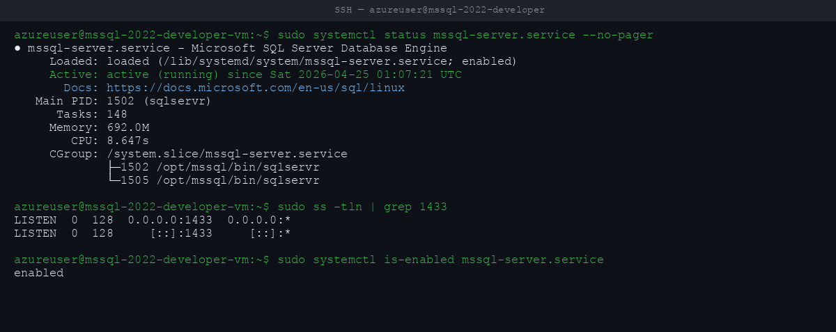 mssql-server.service active (running) with TCP 1433 bound on all interfaces