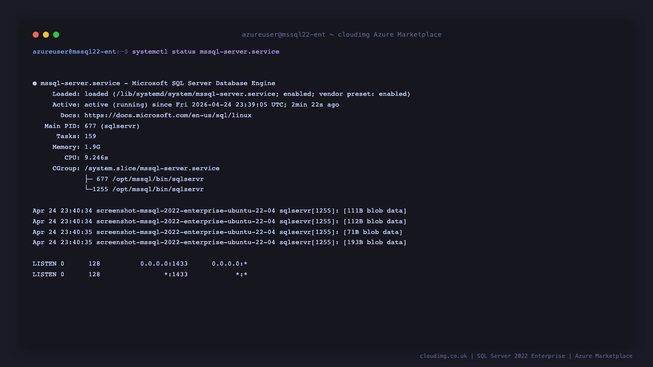 mssql-server.service active (running) with TCP 1433 bound on all interfaces