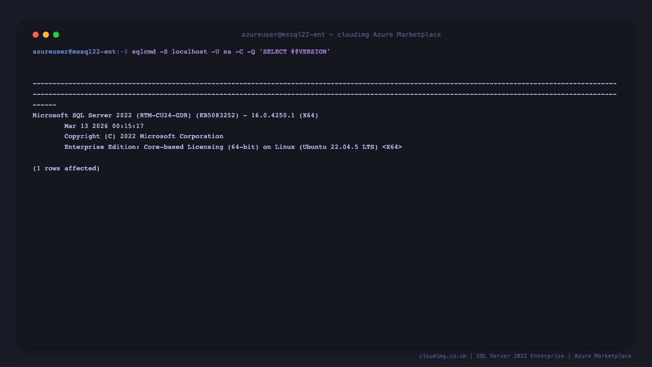 sqlcmd shows @@VERSION reports Microsoft SQL Server 2022 Enterprise Edition (64-bit) on Linux (Ubuntu 22.04)